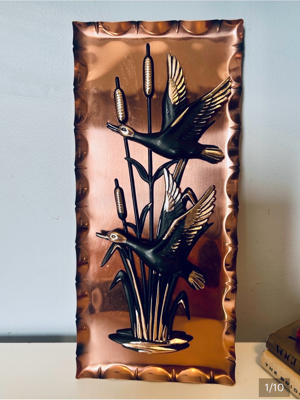 Vintage West Germany Copper Wall Art 3D
Flying Ducks Cattails MCM 12.5”